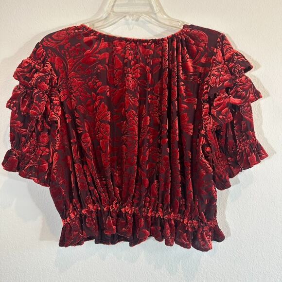 Free People Red Velvet Peasant Top Sz M Boho Whimsigoth Blouse Puff Sleeve Indie - Picture 3 of 9